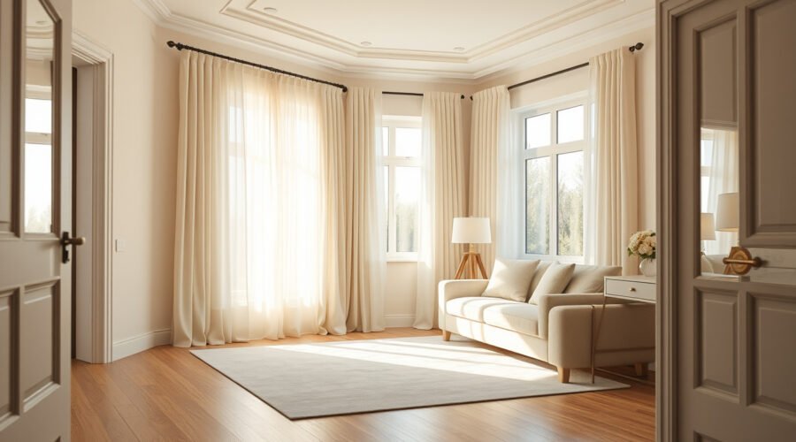 Bright living room with sheer curtains, clean windows, pale walls, mirror, and layered lamps
