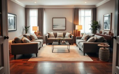 Cozy finished living room with anchored furniture, large rug, layered lighting, art, plants, and warm decor