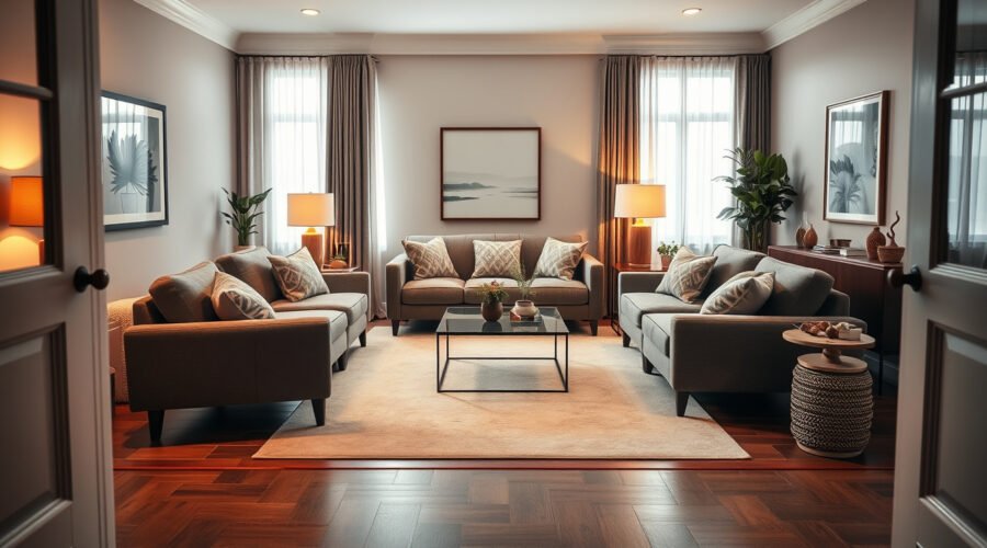 Cozy finished living room with anchored furniture, large rug, layered lighting, art, plants, and warm decor