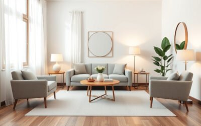Airy living room with clear walkway, scaled furniture, large rug, open curtains and layered lighting