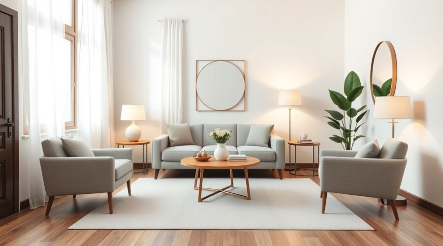 Airy living room with clear walkway, scaled furniture, large rug, open curtains and layered lighting
