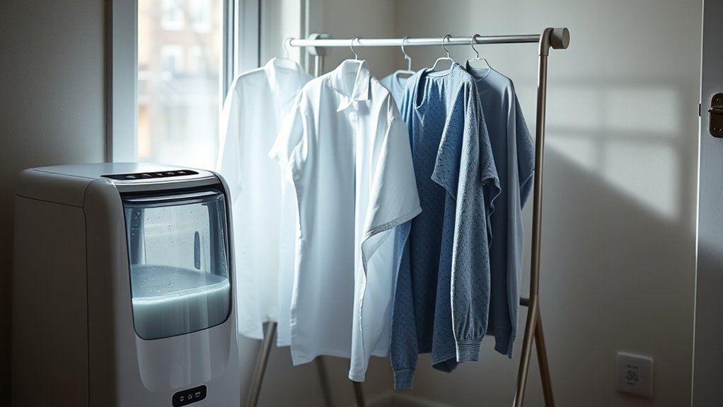 Small dehumidifier removing moisture from indoor laundry on a drying rack