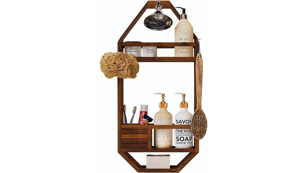 teak three shelf shower organizer