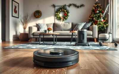 Robot vacuum cleaning pet hair in a modern living room with docking station nearby