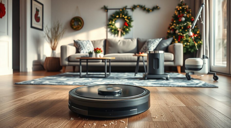 Robot vacuum cleaning pet hair in a modern living room with docking station nearby
