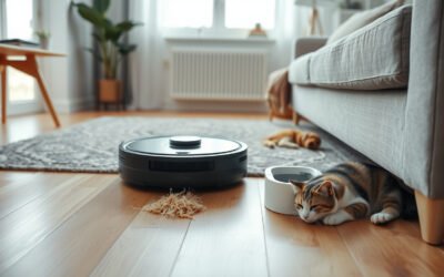Robot vacuum with self-emptying dock cleaning pet hair in a bright living room