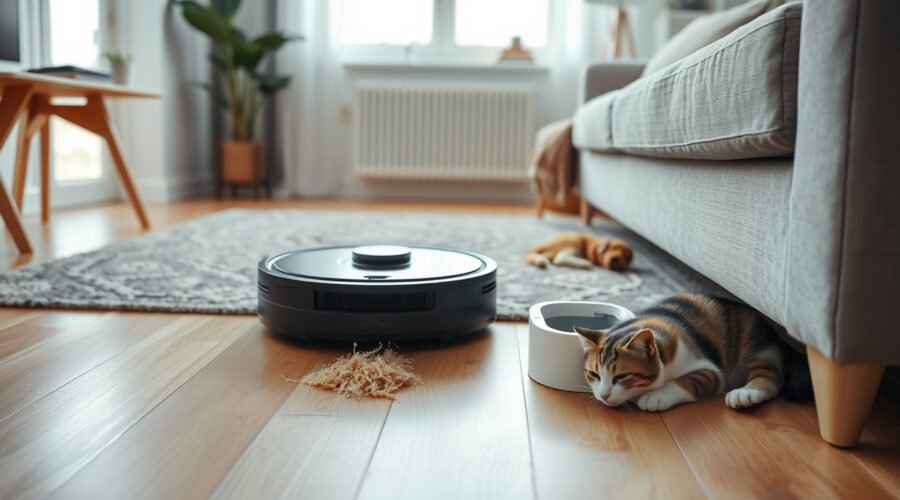 Robot vacuum with self-emptying dock cleaning pet hair in a bright living room