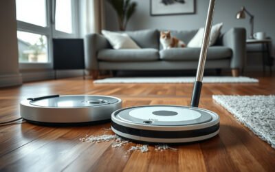 Robot vacuum with self-cleaning dock cleaning pet hair on mixed flooring in a modern home