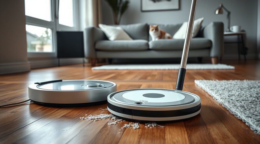 Robot vacuum with self-cleaning dock cleaning pet hair on mixed flooring in a modern home