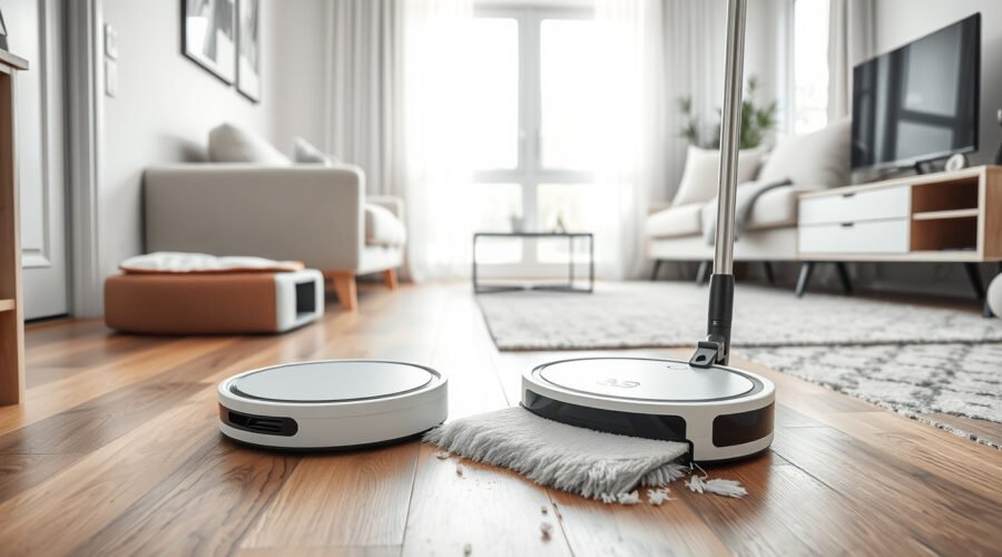 Robot vacuum cleaning pet hair on a modern living room floor beside its docking station