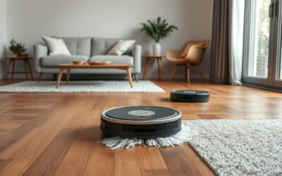 Robot vacuum cleaning pet hair on mixed flooring beside an automated docking station