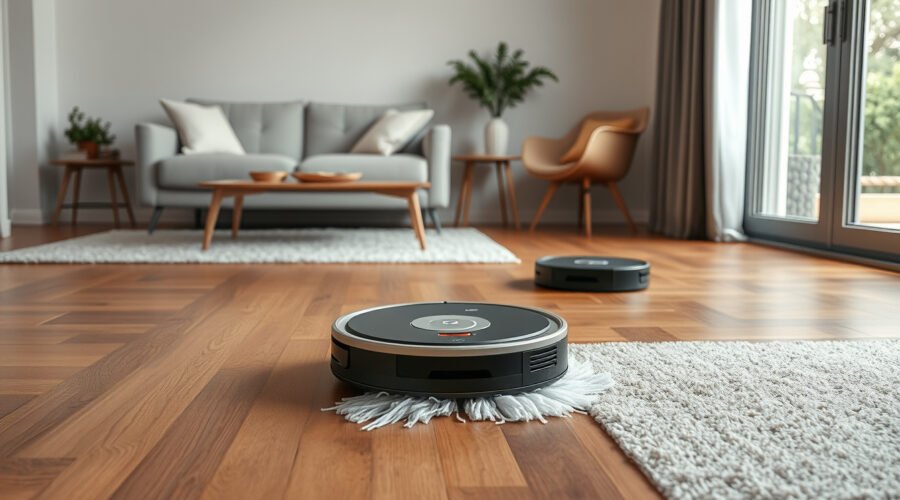 Robot vacuum cleaning pet hair on mixed flooring beside an automated docking station