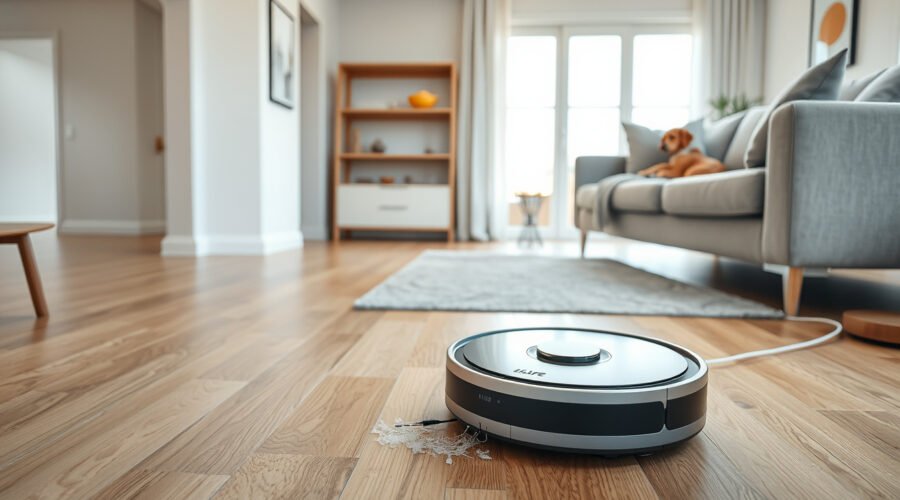 Robot vacuum cleaning pet hair and crumbs on a bright living room floor