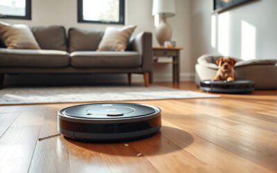Robot vacuum cleaning pet hair and crumbs on a sunlit hardwood floor