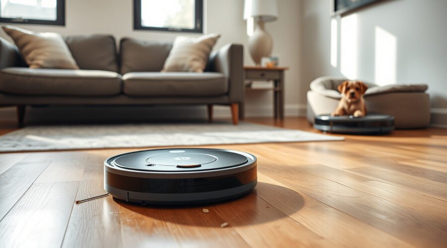 Robot vacuum cleaning pet hair and crumbs on a sunlit hardwood floor