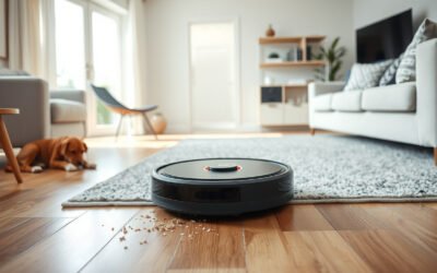 Robot vacuum cleaning pet hair and crumbs in a bright modern living room