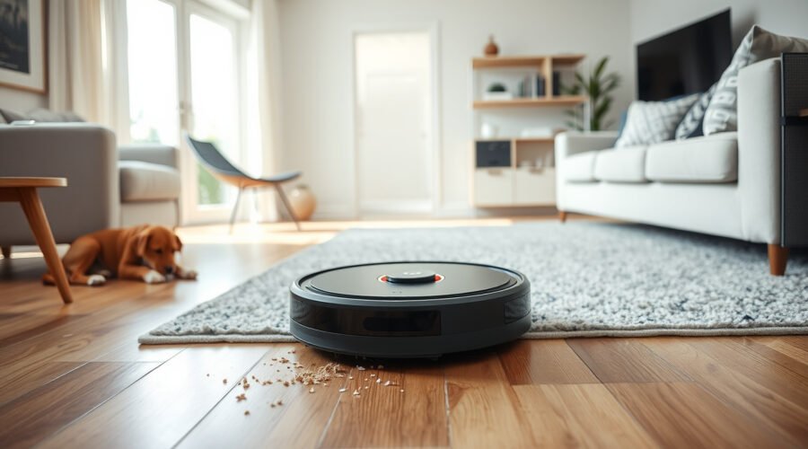 Robot vacuum cleaning pet hair and crumbs in a bright modern living room