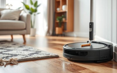 Robot vacuum and mop cleaning pet hair beside a self-cleaning dock in a modern living room