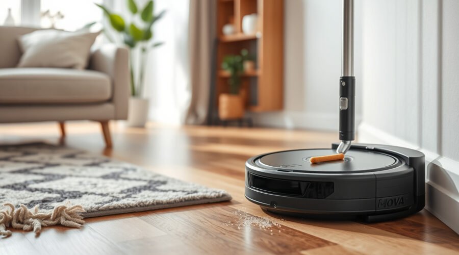 Robot vacuum and mop cleaning pet hair beside a self-cleaning dock in a modern living room