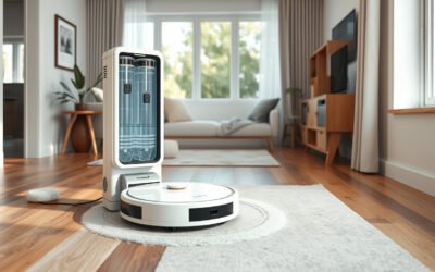 Narwal-style robot vacuum mopping a bright modern living room floor beside its self-cleaning dock