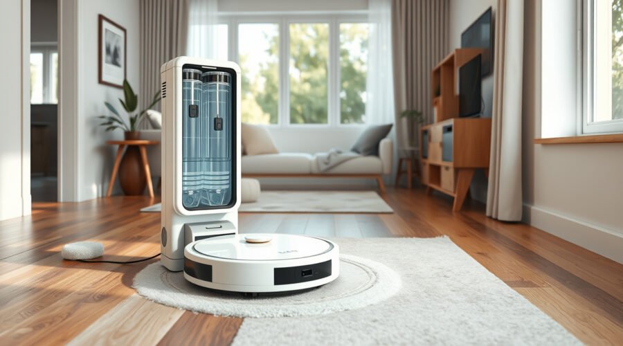 Narwal-style robot vacuum mopping a bright modern living room floor beside its self-cleaning dock