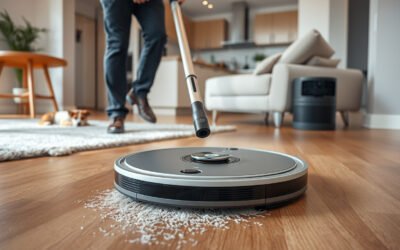 Premium robot vacuum cleaning a modern home with a self-maintenance dock and pet nearby