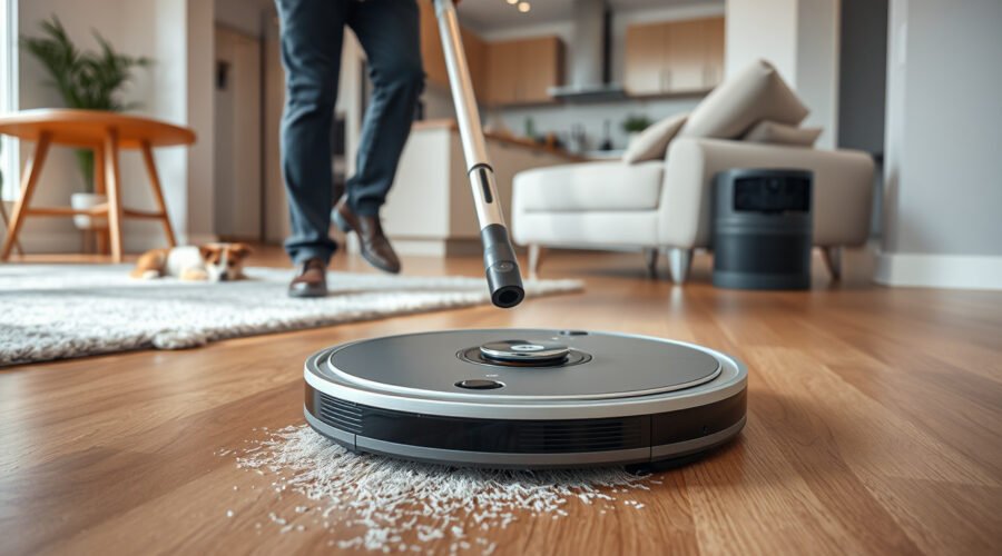 Premium robot vacuum cleaning a modern home with a self-maintenance dock and pet nearby