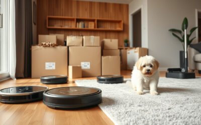 Robot vacuums and mop docks cleaning a bright living room with a dog and delivery boxes nearby