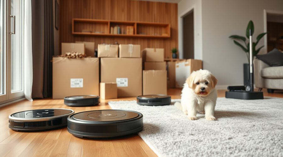 Robot vacuums and mop docks cleaning a bright living room with a dog and delivery boxes nearby