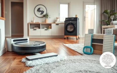 Refurbished robot vacuum cleaning a modern home with docking station and maintenance parts