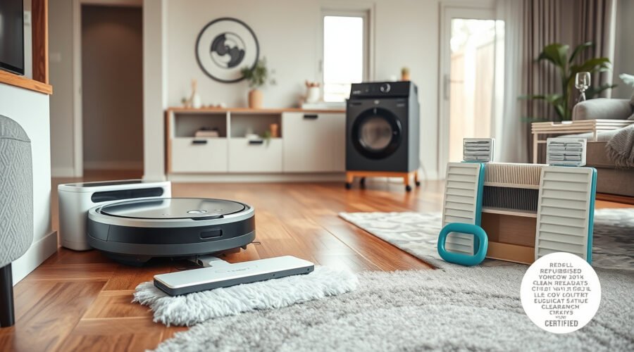 Refurbished robot vacuum cleaning a modern home with docking station and maintenance parts