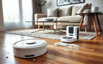 Robot vacuum cleaning pet hair and crumbs beside a self-cleaning dock in a modern living room