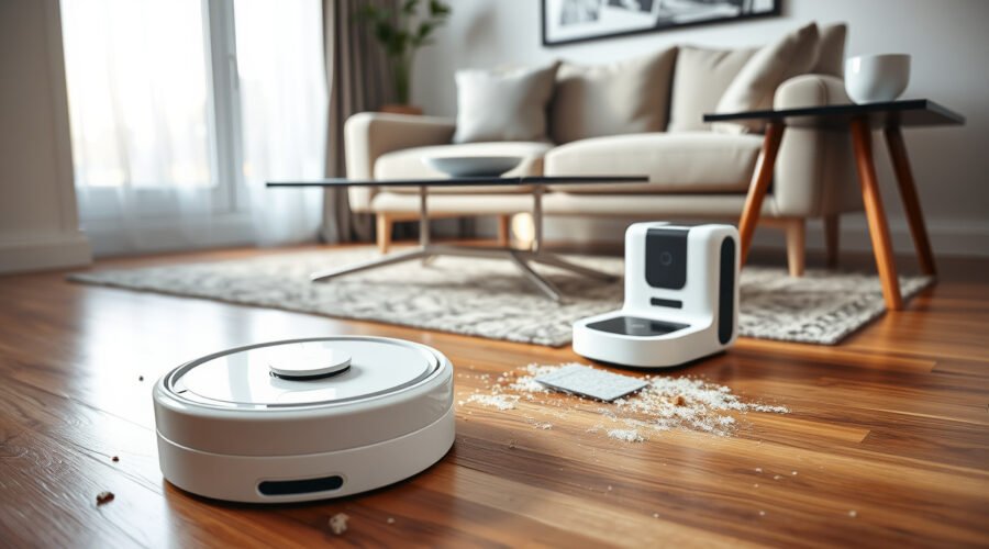 Robot vacuum cleaning pet hair and crumbs beside a self-cleaning dock in a modern living room