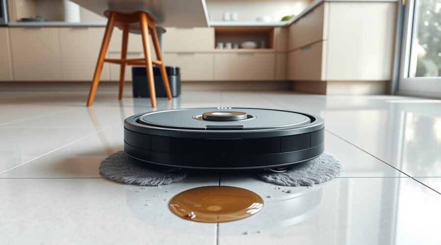 Robot vacuum cleaning crumbs, pet hair and a spill on a modern kitchen floor
