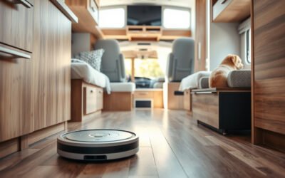 Robot vacuum cleaning pet hair and dirt inside a compact modern RV