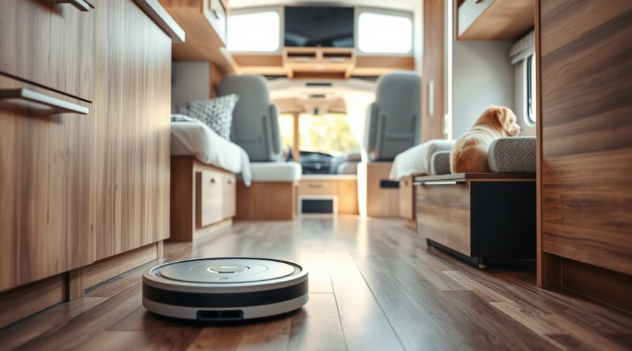Robot vacuum cleaning pet hair and dirt inside a compact modern RV