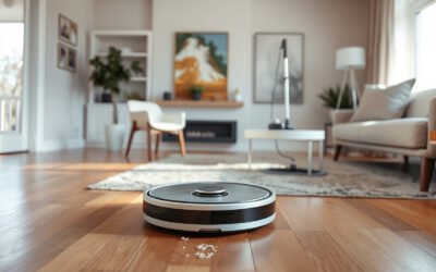 Robot vacuum cleaning pet hair and spills in a modern living room with a self-emptying dock