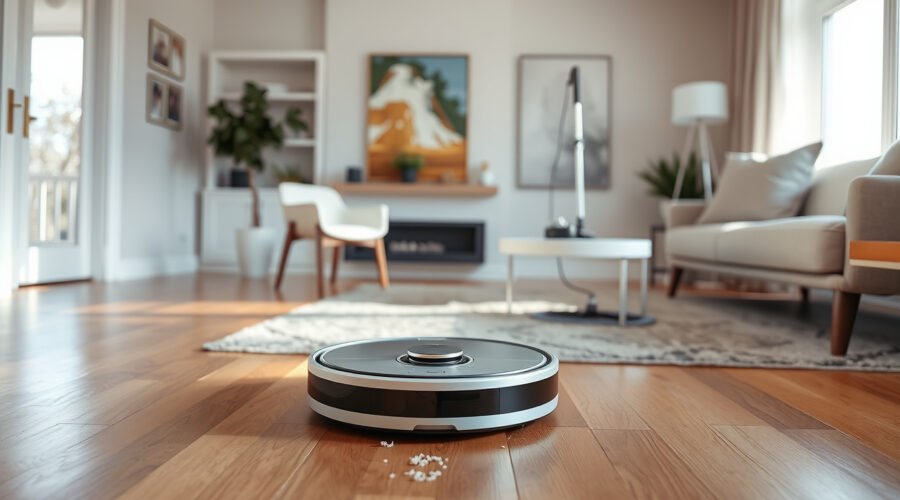 Robot vacuum cleaning pet hair and spills in a modern living room with a self-emptying dock