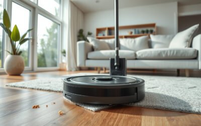 Robot vacuum and mop cleaning a modern living room floor near its auto-maintenance dock