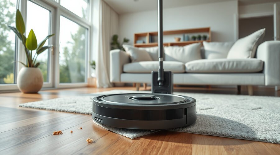 Robot vacuum and mop cleaning a modern living room floor near its auto-maintenance dock