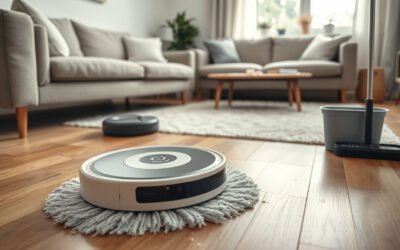 Robot vacuum cleaning pet hair and crumbs on a hardwood living room floor