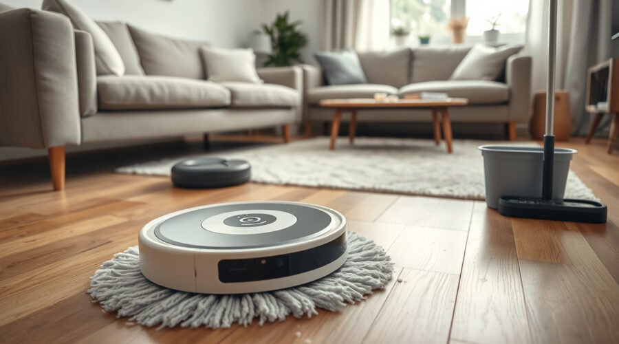 Robot vacuum cleaning pet hair and crumbs on a hardwood living room floor