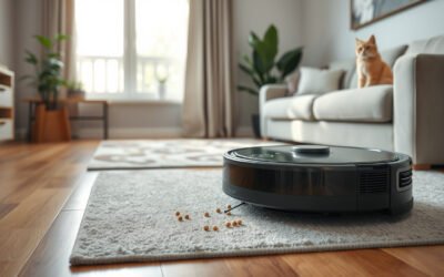 Robot vacuum cleaning pet hair and crumbs in a modern apartment living room