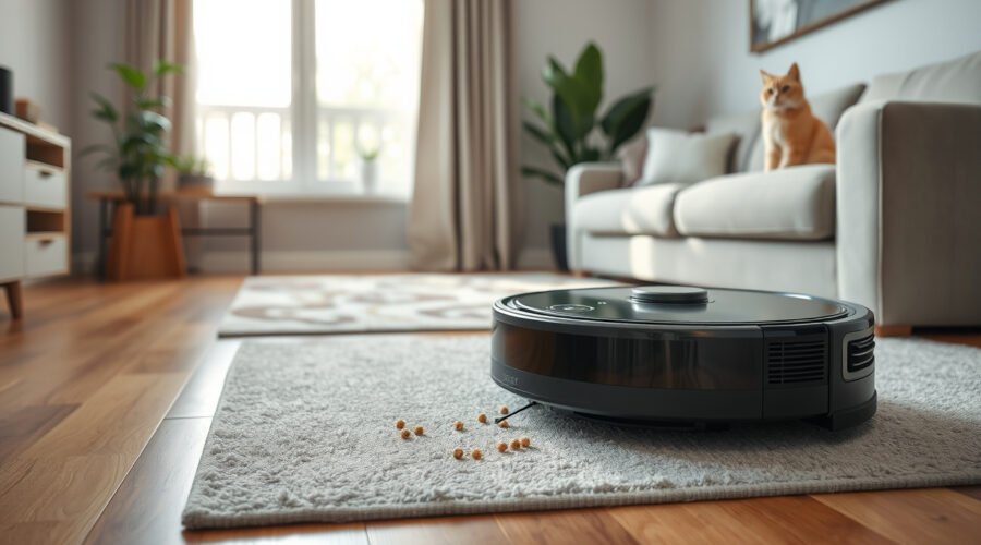 Robot vacuum cleaning pet hair and crumbs in a modern apartment living room