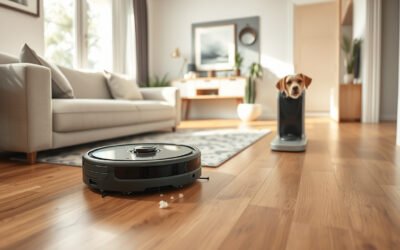 Robot vacuum cleaning a sunny living room with self-emptying dock and pet nearby