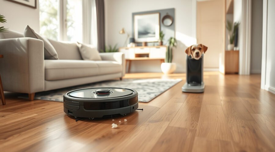Robot vacuum cleaning a sunny living room with self-emptying dock and pet nearby