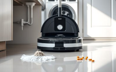 Robot vacuum at a water-connected dock on a clean modern floor