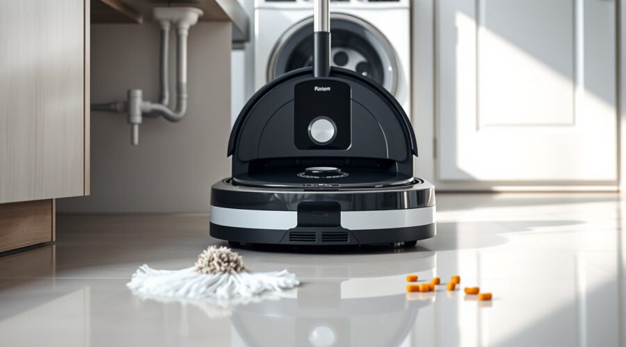 Robot vacuum at a water-connected dock on a clean modern floor