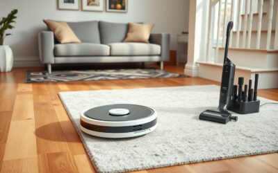 Robot vacuum, handheld vacuum and dock cleaning a bright living room with rug, sofa and stairs