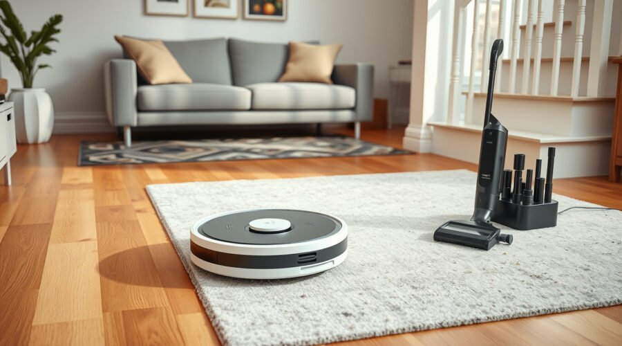 Robot vacuum, handheld vacuum and dock cleaning a bright living room with rug, sofa and stairs